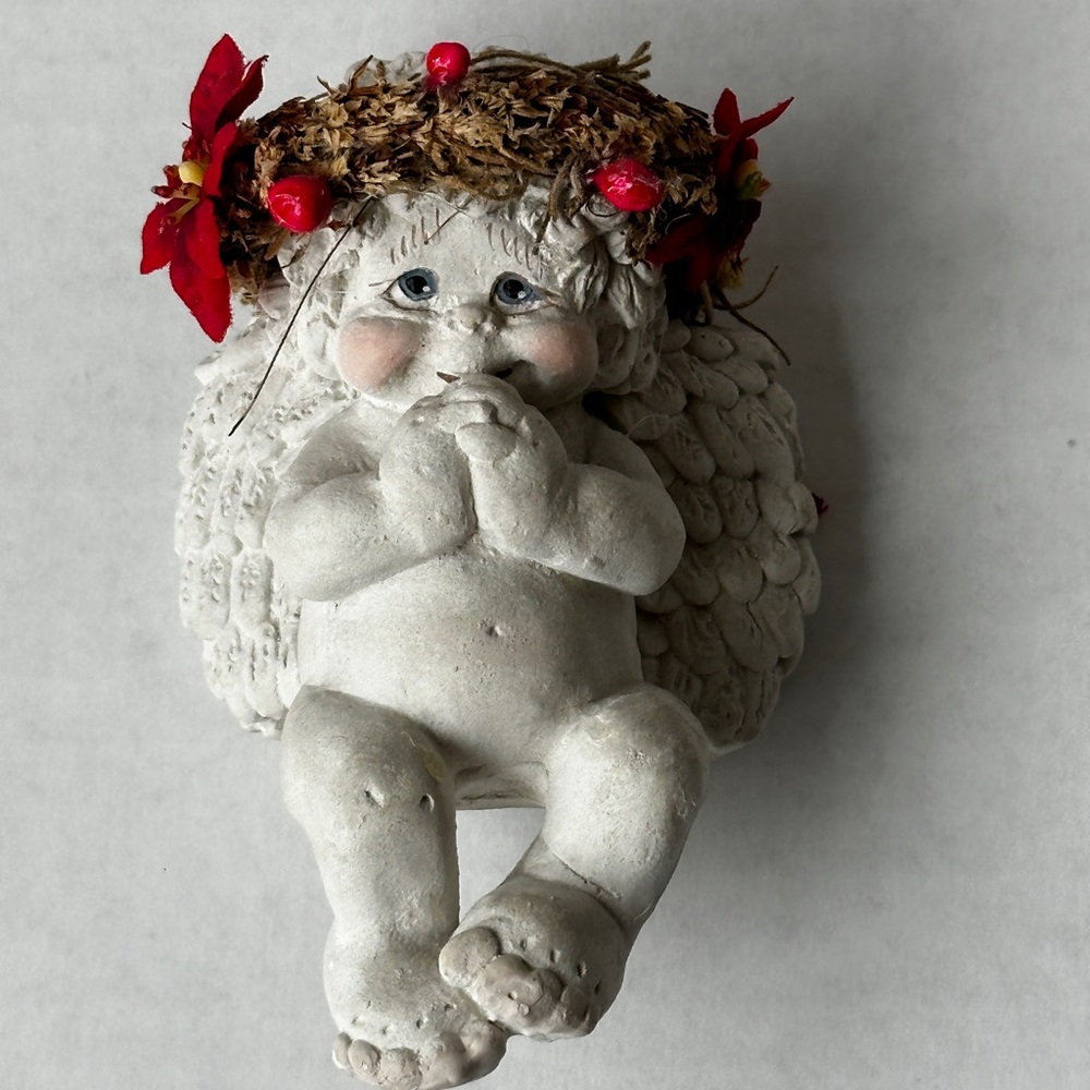 Dreamsicle Cherub Angel Wall Hanging with Red Floral Crown